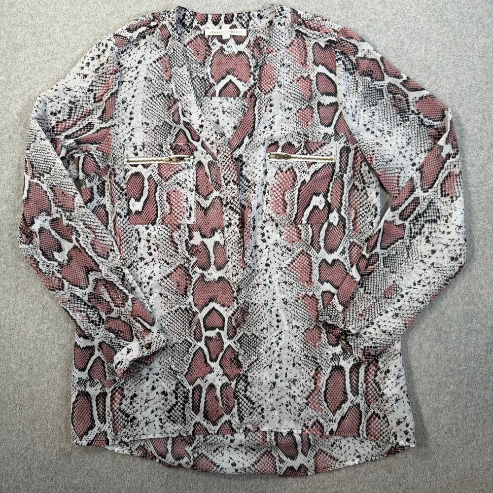 Daniel Rainn Women's Small Pink Sheer Snakeskin Print V-Neck Blouse Top Zipper